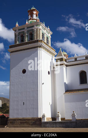 Bell tower of the Basilica of Our Lady of Copacabana in the small tourist town of Copacabana at Lake Titicaca in Bolivia Stock Photo