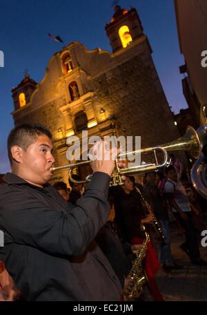 Mexican musicians parade through the streets during the Day of the Dead Festival known in spanish as D’a de Muertos on October 30, 2014 in Oaxaca, Mexico. Stock Photo