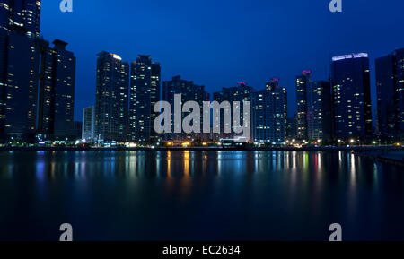 Night view of modern buildings, Haeundae in Busan, South Korea. Stock Photo