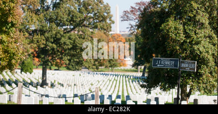 Arlington Cemetery, direction sign to J F Kennedy Grave and Tomb of the UnKnown Soldier with the row of iconic white headstones. Stock Photo