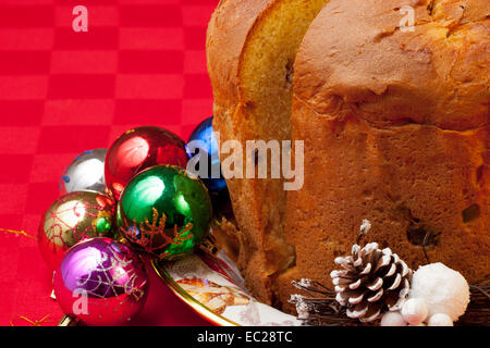 italian panettone into dish with christmas decorations Stock Photo