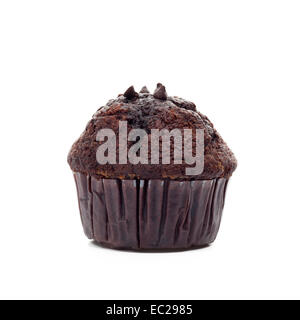 Chocolate muffin in paper baking cup isolated on white background Stock Photo