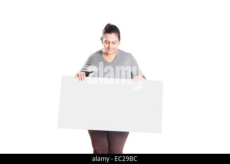 indian Obese  Lady Showing Message Board Stock Photo