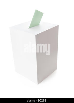 White ballot box with green voting card on white background Stock Photo