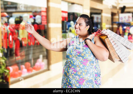indian Obese Lady mall Shopping Stock Photo