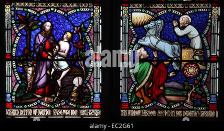 A stained glass window by William Wailes depicting Abraham and his son  Isaac, St Bartholomew Church, Richard's Castle, Hereford Stock Photo