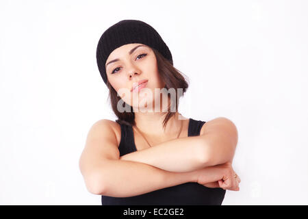 Portrait of a strong confident woman in a cap and t-shirt Stock Photo