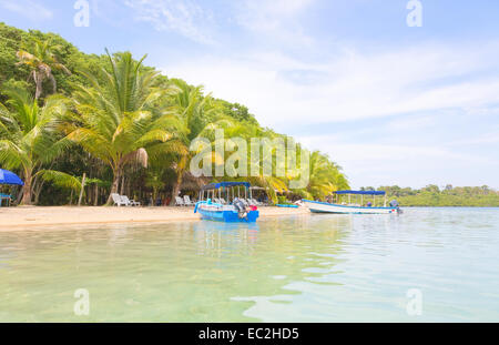 Boats at the Starfish beach, archipelago Bocas del Toro, Panama Stock Photo