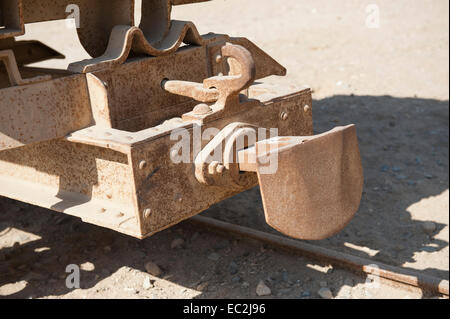 Closeup detail of coupling mechanism on old vintage railway carriage Stock Photo