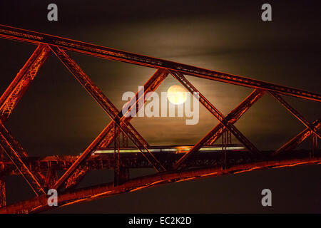 Edinburgh, Scotland, UK. 8th December, 2014. As a train speeds by, the moon is seen rising through the structure of the rail bridge crossing the 'Firth of Forth', the river estuary near Scotland’s capital city, Edinburgh. The red painted bridge, completed in 1890 is 2.5 km in length and carried around 200 trains per day. Credit:  Ian Wray/17�Թ����� Live News Stock Photo