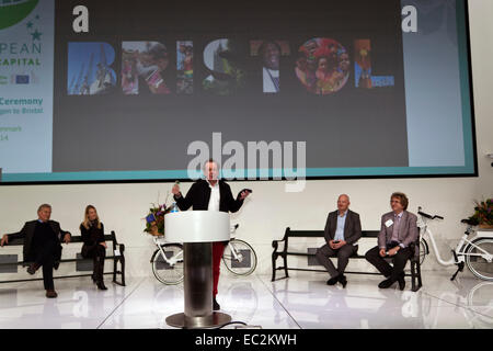 Copenhagen, Denmark. 8th December, 2014. The mayor of Bristol (UK), Mr. George Ferguson (photo, mid), pictured at his acceptance speech at the European Green Capital meeting in Copenhagen. Copenhagen was by the EU awarded European Green Capital 2014 and at this ceremony the city handover the award to the Bristol mayor. Credit:  OJPHOTOS/Alamy Live News Stock Photo