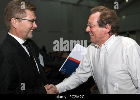 Copenhagen, Denmark. 8th December, 2014. Two mayors greet each other at the European Green Capital meeting in Copenhagen: Lord Mayor of Copenhagen, Mr. Frank Jensen (photo, left) , and (photo, right) Mr. George Ferguson, Mayor of Bristol. Credit:  OJPHOTOS/Alamy Live News Stock Photo