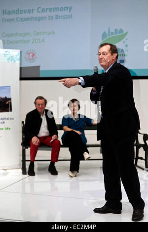 Copenhagen, Denmark. 8th December, 2014. Mr. Andrew Garrard, Chair of Bristol 2015, pictured at his speech during  the European Green Capital meeting in Copenhagen. Copenhagen was by the EU awarded European Green Capital 2014 and at this ceremony the city handover the award to the Mayor of Bristol. Credit:  OJPHOTOS/Alamy Live News Stock Photo