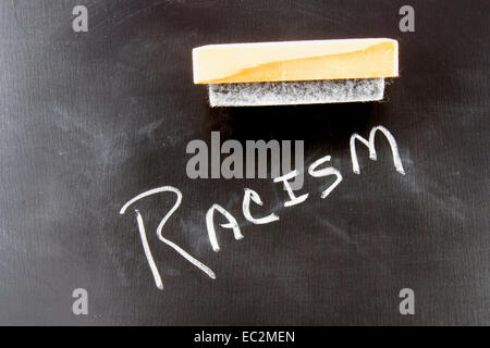 The word RACISM on a chalkboard with an eraser Stock Photo
