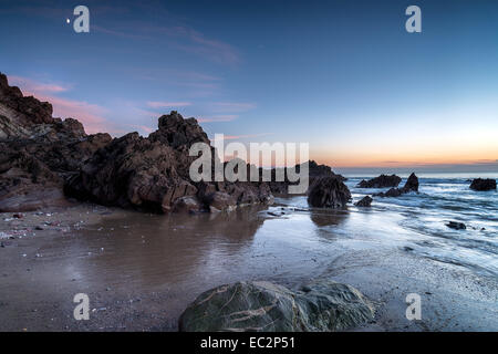 Night falls over Sharrow Beach a part of Whitsand Bay in Cornwall Stock Photo