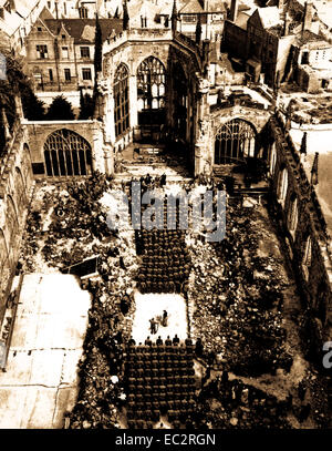 U.S. wounded soldiers attend Mother's Day services in blitzed Coventry Cathedral, England.  Men are patients in nearby convalescent hospitals.  Mayor of Coventry attended ceremony.  May 13, 1945.  T3c. A. Cissna.  (Army) Stock Photo