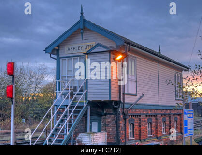 The Arpley Junction Signalbox, Warrington, Cheshire, England, UK at dusk - lines to Fiddlers Ferry power station & Latchford Stock Photo