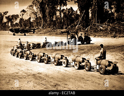 Bomb handling at an advanced Pacific base.  Ca.  1944.  Marine Corps. (Navy) Stock Photo