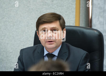 Oleg Ostapenko, General Director of the Russian Federal Space Agency (Roscosmos), makes remarks during the State Commission meeting to approve the Soyuz launch of Expedition 42 to the International Space Station, Saturday, Nov. 22, 2014, at the Cosmonaut Hotel in Baikonur, Kazakhstan. Launch of the Soyuz rocket is scheduled for Nov. 24 and will carry Expedition 42 Soyuz Commander Anton Shkaplerov of the Russian Federal Space Agency (Roscosmos), Flight Engineer Terry Virts of NASA , and Flight Engineer Samantha Cristoforetti of the European Space Agency into orbit to begin their five and a half Stock Photo