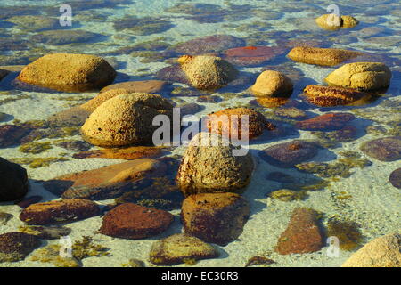 Granite boulders and rocks among a tidal pool on the shore at The Granites, Streaky Bay, South Australia. Stock Photo