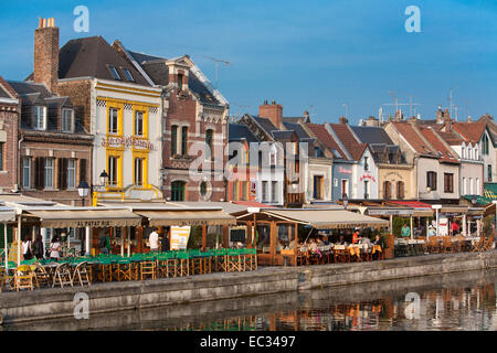 France, Somme, Picardy, Amiens, Restaurants lining the River Somme Stock Photo