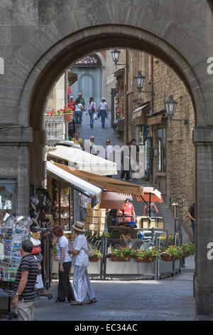 Republic of San Marino, City of San Marino, Medieval arch with shops. Stock Photo