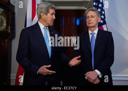 U.S. Secretary of State John Kerry condemns a Palestinian attack on a Jewish synagogue in Jerusalem before beginning a wide-ranging bilateral meeting with Foreign Secretary Philip Hammond of the United Kingdom in London, UK, on November 18, 2014. Stock Photo
