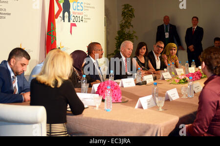 U.S. Vice President Joe Biden participates in a roundtable discussion with youth entrepreneurs at the Global Entrepreneurship Summit in Marrakech, Morocco, on November 20, 2014. Stock Photo