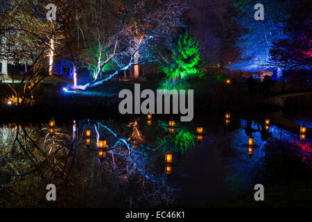 Syon park and river illuminated with coloured lights and floating lanterns at Christmas. Brentford, London, England Stock Photo
