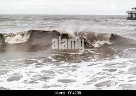 Blackpool, UK. 9th December 2014. The seas are already rough in Blackpool as the forecast for the next few days is for more windy and stormy weather. The met office has issued a yellow warning for Wednesday and Thursday in the Blackpool area Credit:  Gary Telford/Alamy live news Stock Photo