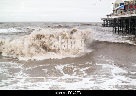 Blackpool, UK. 9th December 2014. The seas are already rough in Blackpool as the forecast for the next few days is for more windy and stormy weather. The met office has issued a yellow warning for Wednesday and Thursday in the Blackpool area Credit:  Gary Telford/Alamy live news Stock Photo