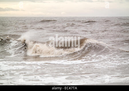 Blackpool, UK. 9th December 2014. The seas are already rough in Blackpool as the forecast for the next few days is for more windy and stormy weather. The met office has issued a yellow warning for Wednesday and Thursday in the Blackpool area Credit:  Gary Telford/Alamy live news Stock Photo