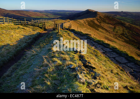 First light on the Great Ridge of Edale which includes Mam Tor, Hollins Cross, Back Tor and Lose Hill.The Great Ridge is a huge  Stock Photo