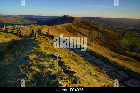 First light on the Great Ridge of Edale which includes Mam Tor, Hollins Cross, Back Tor and Lose Hill.The Great Ridge is a huge  Stock Photo