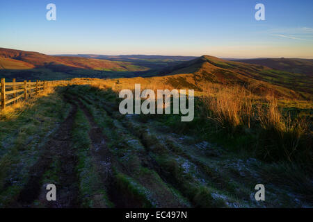 First light on the Great Ridge of Edale which includes Mam Tor, Hollins Cross, Back Tor and Lose Hill.The Great Ridge is a huge  Stock Photo