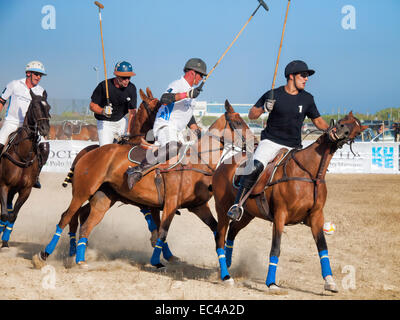 ALGECIRAS SPAIN -JULY 18 2014 First international beach polo tournament in Algeciras.Argentina versus England in front Andrew Stock Photo