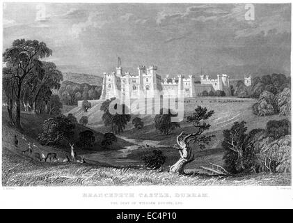 An engraving entitled 'Brancepeth Castle, Durham' scanned at high resolution from a book published in 1834. Stock Photo