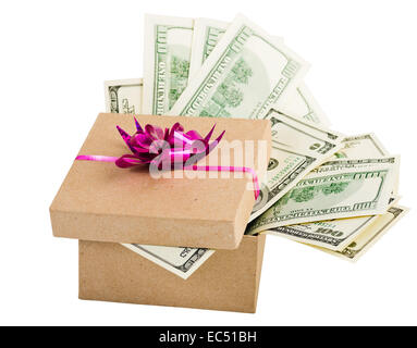 Heap of hundred dollar bills in a big present box Stock Photo