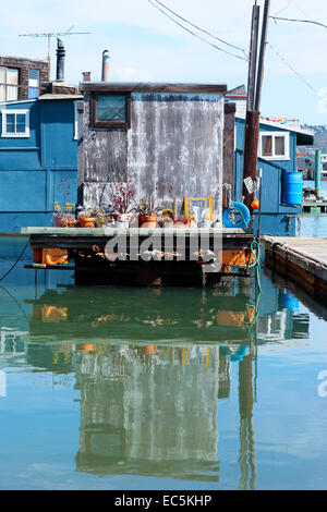 View of a grey and blue houseboat in Sausalito, California Stock Photo