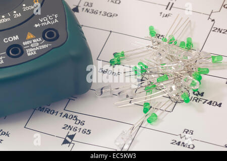 Green LEDs and electronic scheme Stock Photo