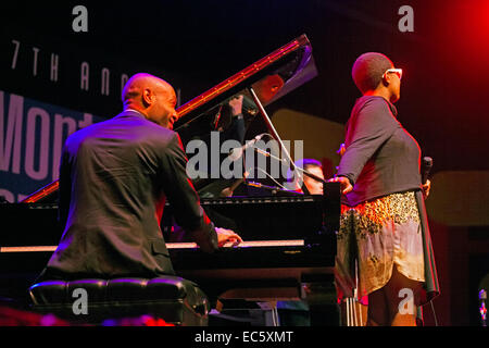 AARON DIEHL plays piano for CELIA MCLORIN preforming on the main stage at the 2014 MONTEREY JAZZ FESTIVAL Stock Photo