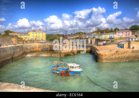 Charlestown harbour near St Austell Cornwall England UK in summer with blue sky and sea Stock Photo