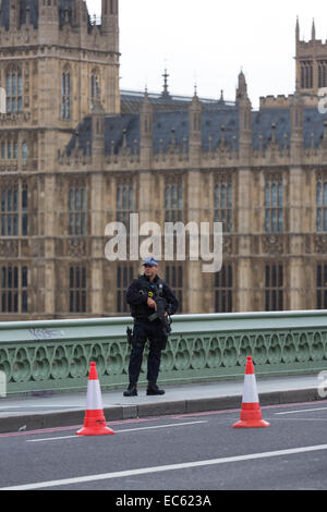 An armed officer of the Metropolitan Police in London stands guard on Westminster Bridge, outside the House of Parliament Stock Photo