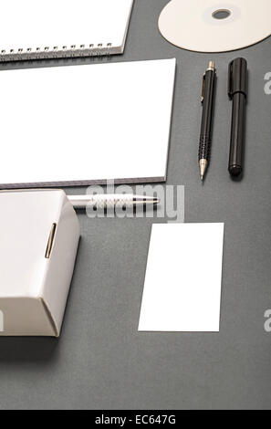 Blank stationery set : business cards, booklet, sheets, notebook, CD, boxes and pencil. Stock Photo