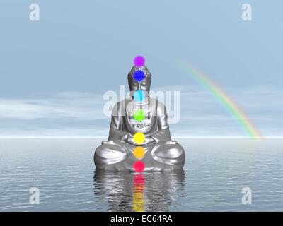 Buddha meditating with seven colorful chakras upon ocean next to beautiful rainbow Stock Photo