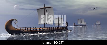 Three old greek trireme boats on the ocean by cloudy night with full moon Stock Photo