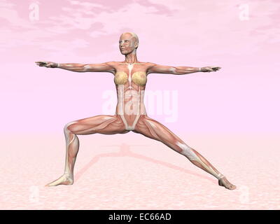 Warrior yoga pose for woman with muscle visible in pink background Stock Photo