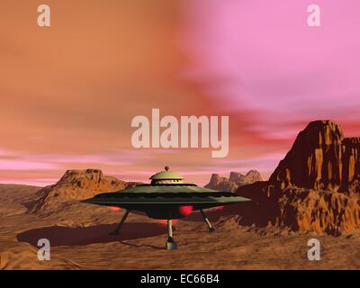 UFO with lights landed in desert landscape by sunset Stock Photo