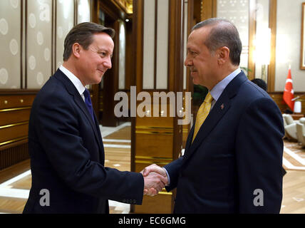 Ankara, Turkey. 9th Dec, 2014. Turkish President Recep Tayyip Erdogan (R) meets with visiting British Prime Minister David Cameron in Ankara, Turkey, on Dec. 9, 2014. © Turkish Presidential Palace/Xinhua/Alamy Live News Stock Photo