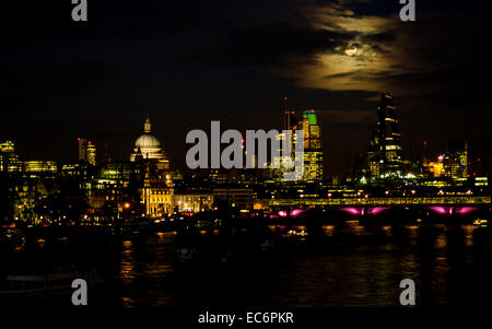 London Skyline at night from Waterloo Bridge Stock Photo